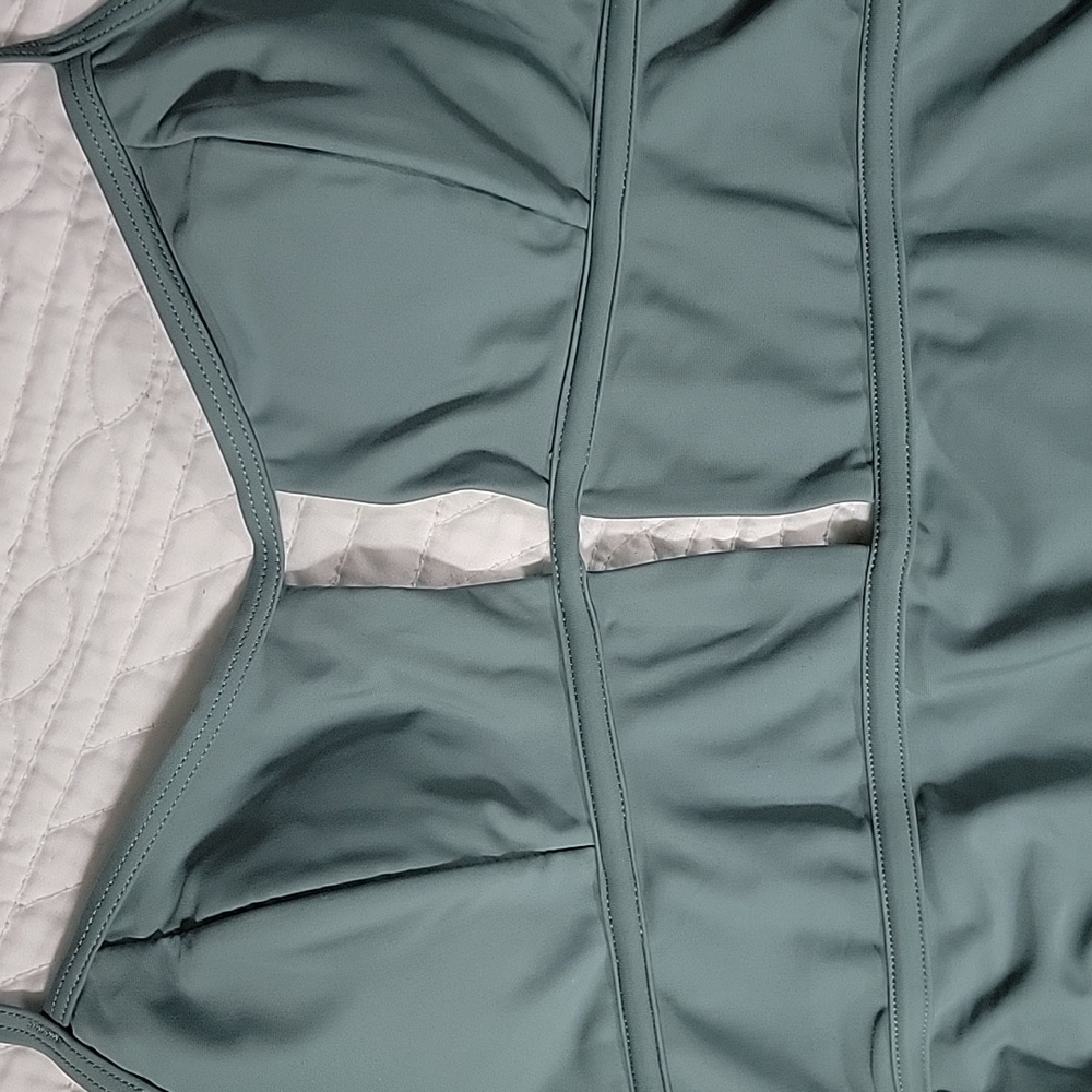 Women's Green One Piece Swimsuit with Unique Cutouts and Structured Bustier - Picture 8 of 11